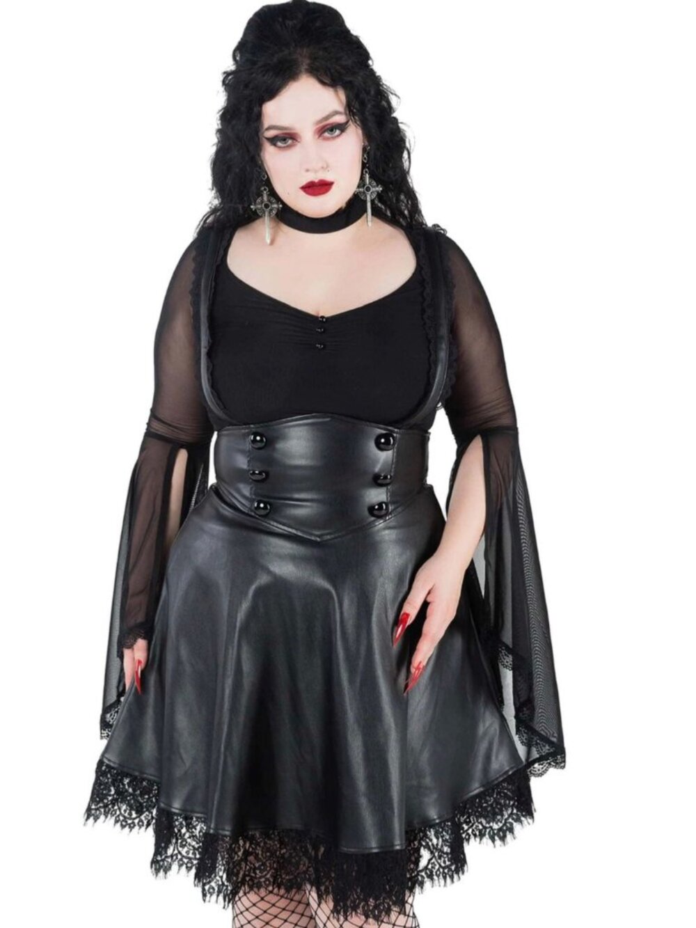 Killstar ✦ Marked High-Waisted Skirt ✦ PU Lace Trim Suspender Flare Vinyl XS NWT